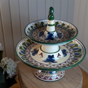 Tabletops Unlimited Deruta 2 Tier Serving Stand Italian Hand Painted Ceramic